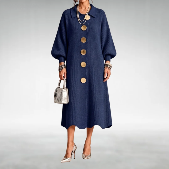 Cambria | Gold Button Knit Midi Dress