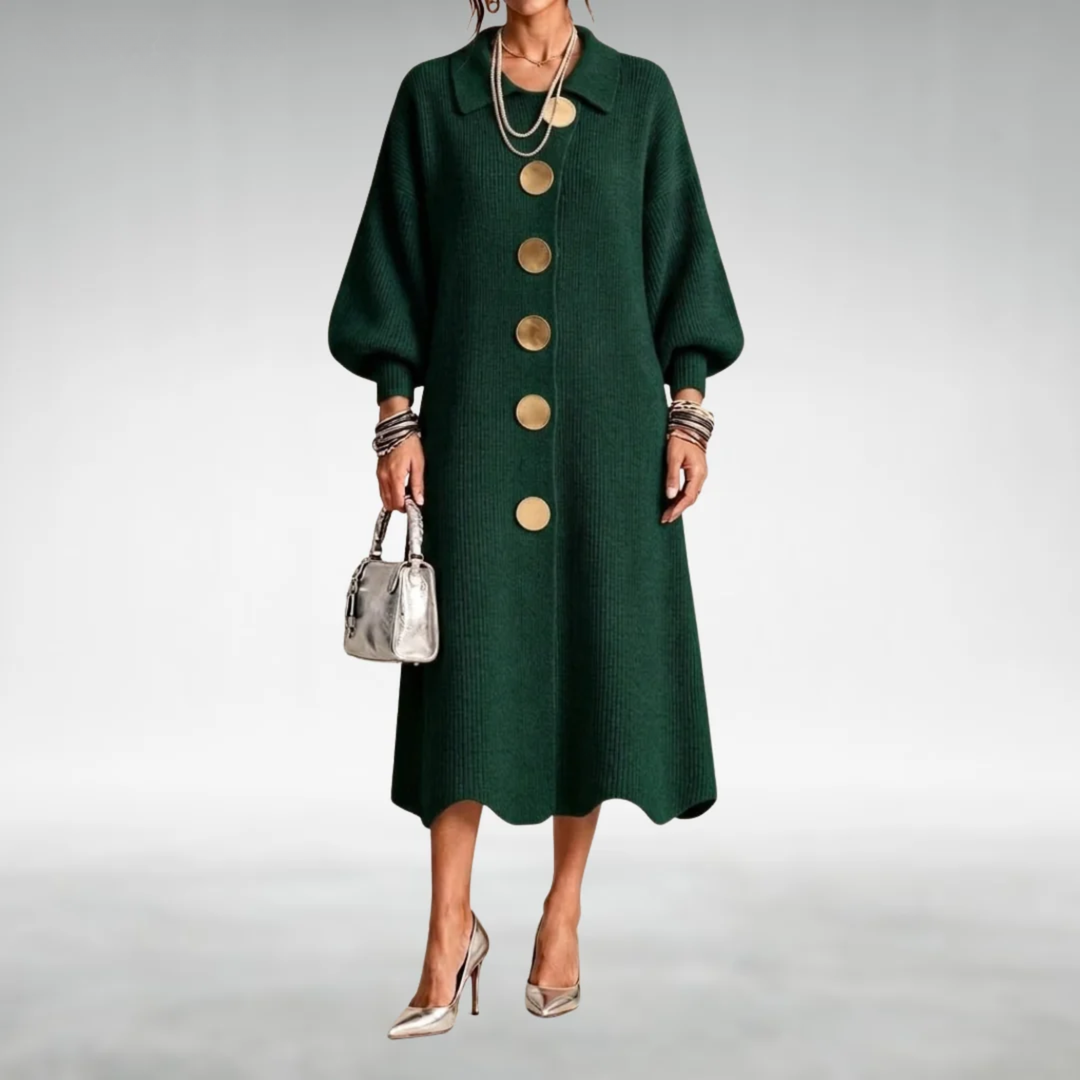 Cambria | Gold Button Knit Midi Dress