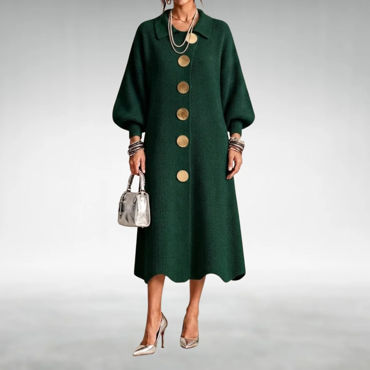 Cambria | Gold Button Knit Midi Dress