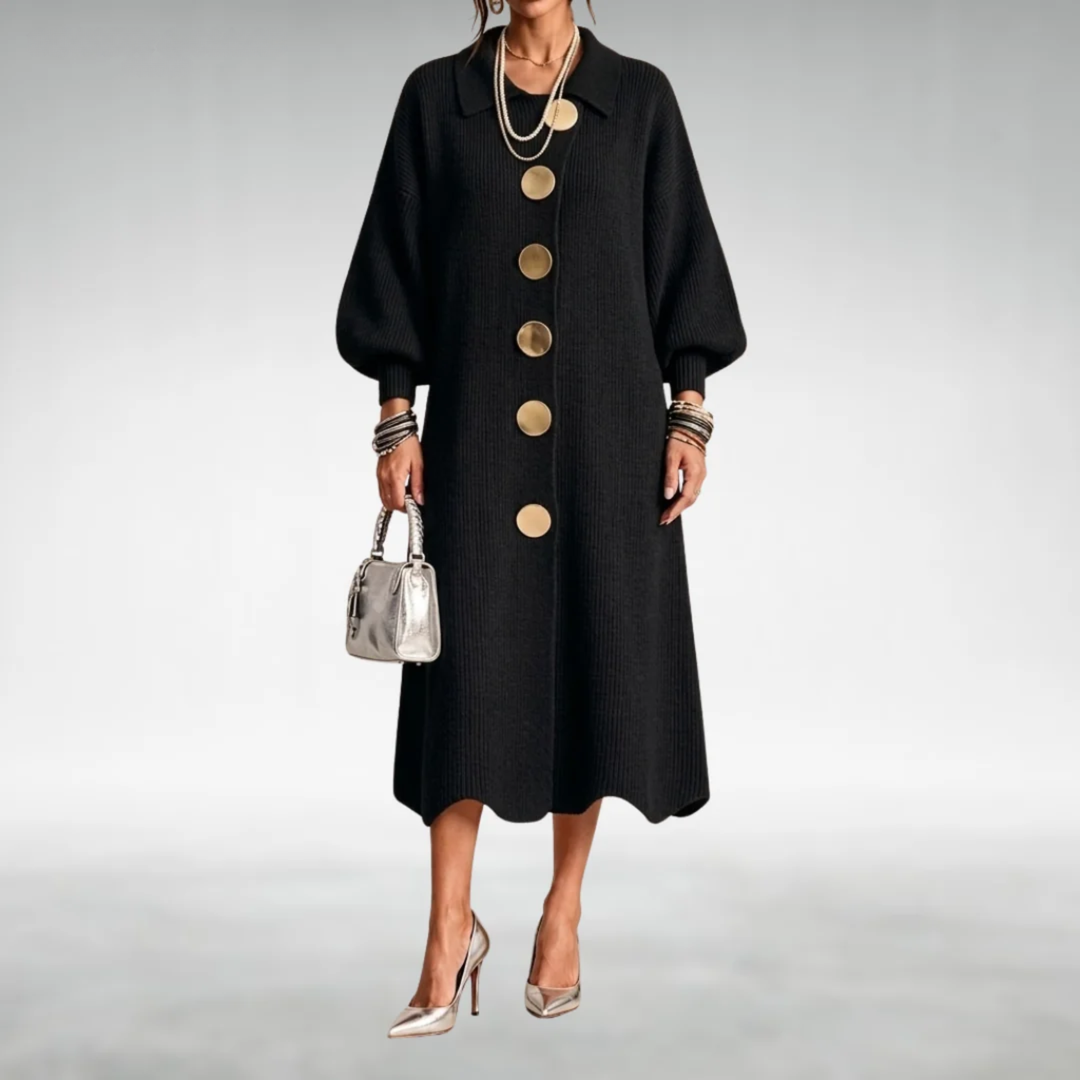 Cambria | Gold Button Knit Midi Dress