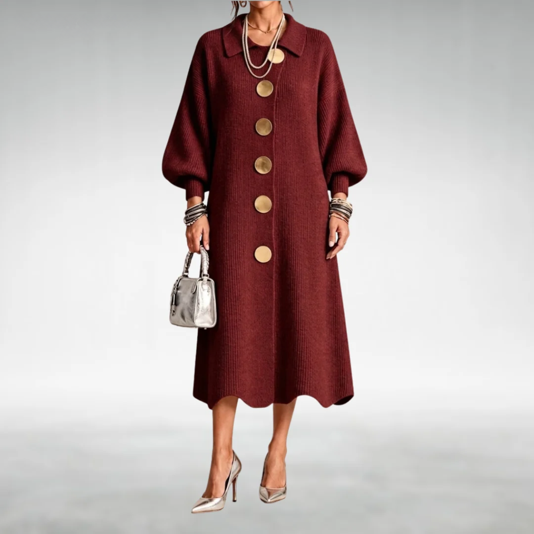 Cambria | Gold Button Knit Midi Dress
