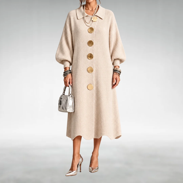 Cambria | Gold Button Knit Midi Dress