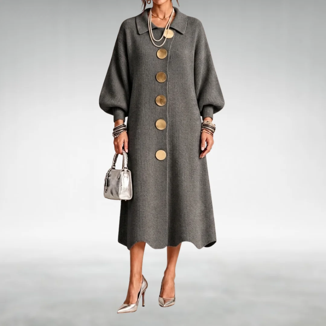 Cambria | Gold Button Knit Midi Dress