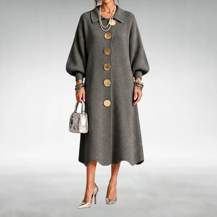 Cambria | Gold Button Knit Midi Dress