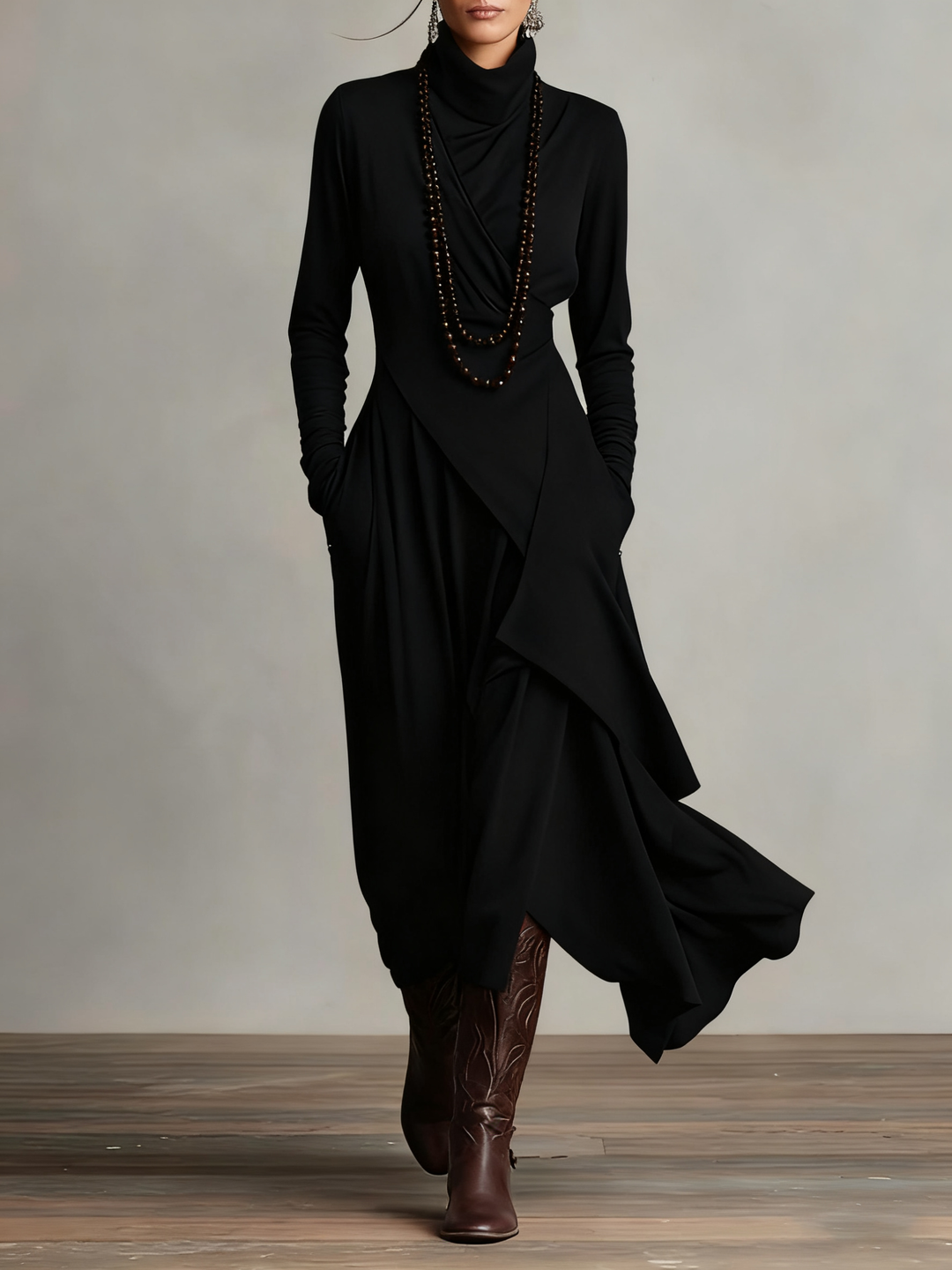 Genevieve | Draped Turtleneck Maxi Dress