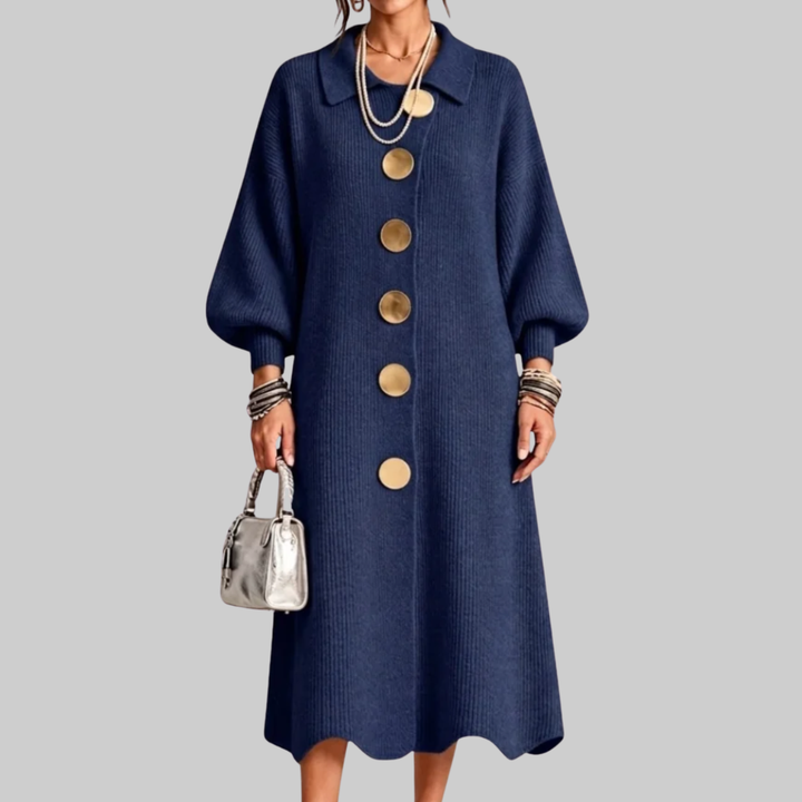 Cambria | Gold Button Knit Midi Dress