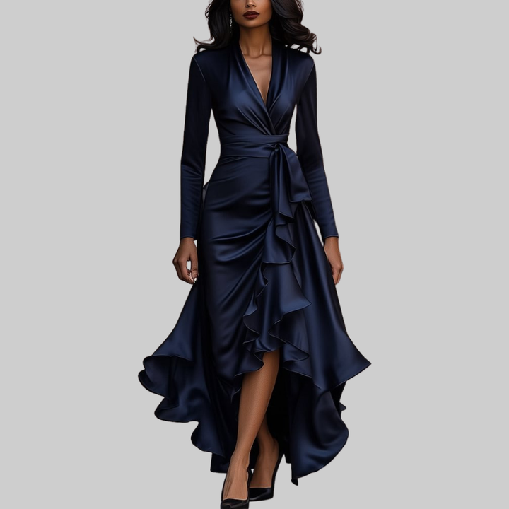 Sabine | Satin Wrap Ruffle Maxi Dress