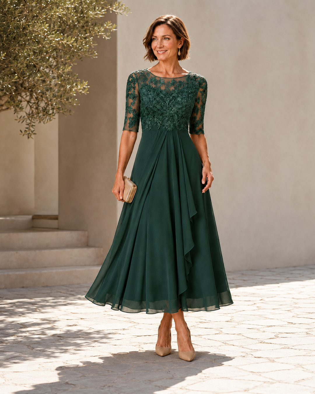 Adeline | Lace Chiffon Midi Dress