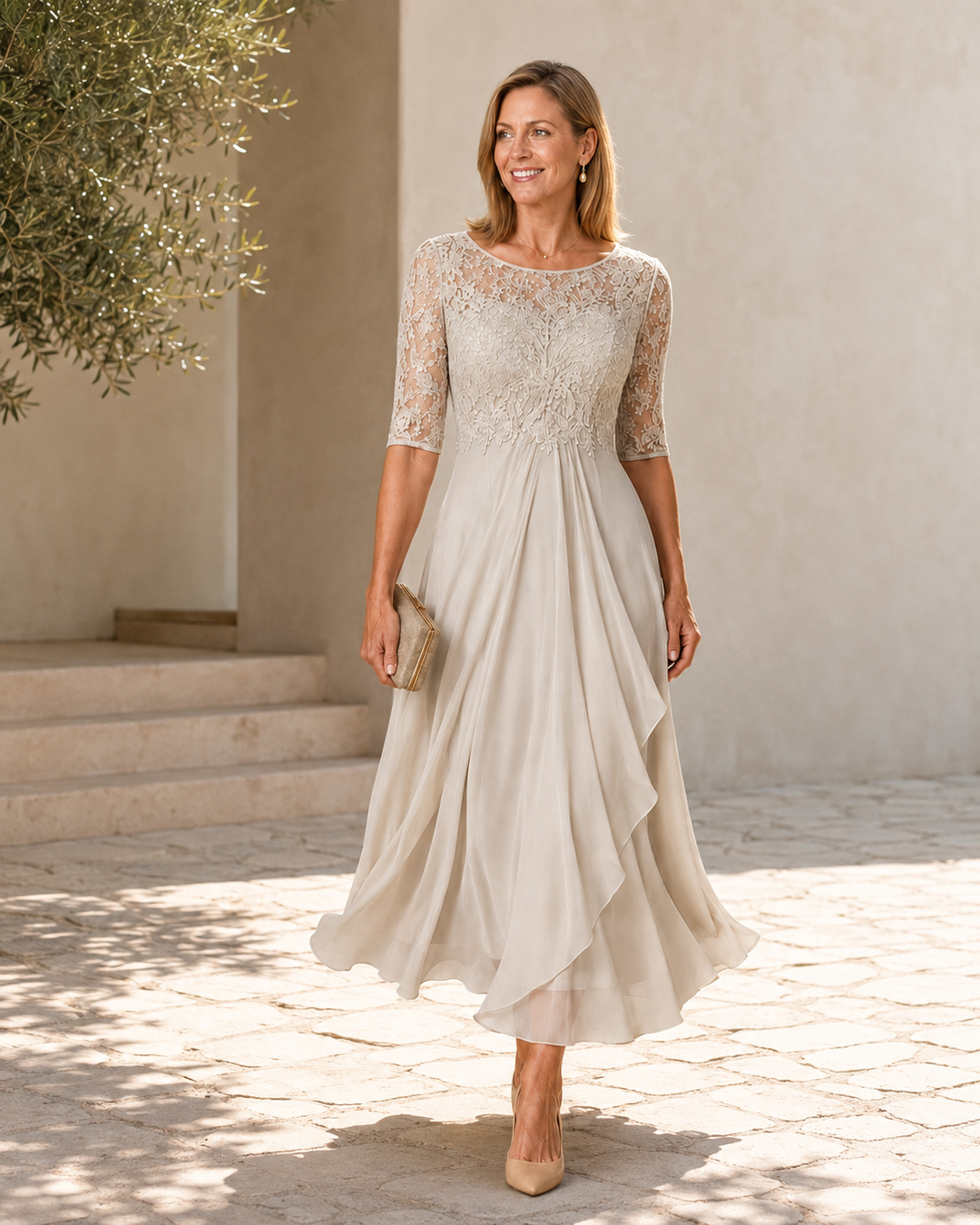 Adeline | Lace Chiffon Midi Dress
