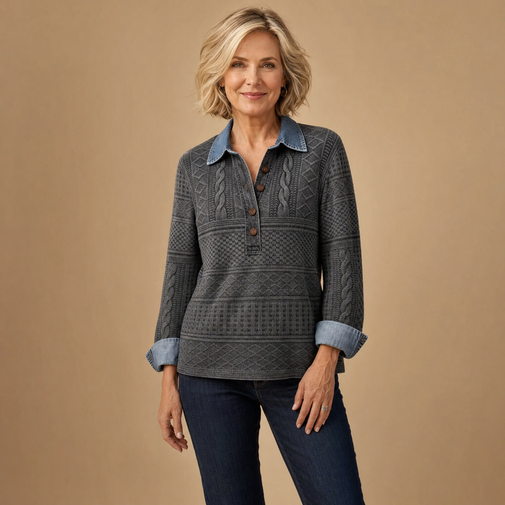 Giselle | Textured Print Button Collar Top