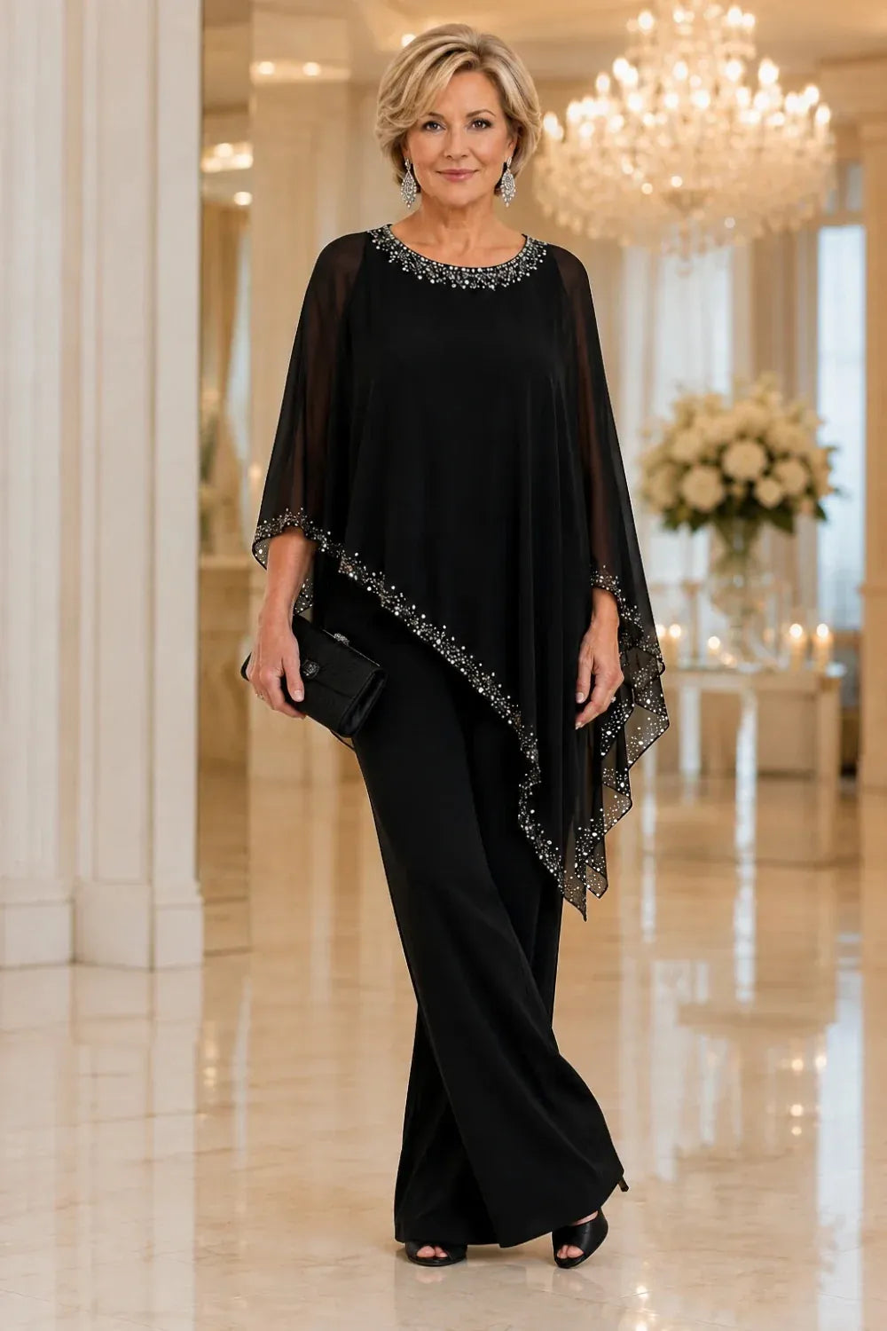 Celestine | Beaded Chiffon Cape Pant Set