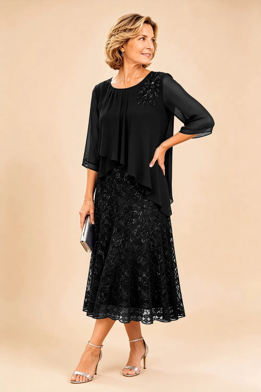 Celestine | Embellished Lace Layered Midi Dress