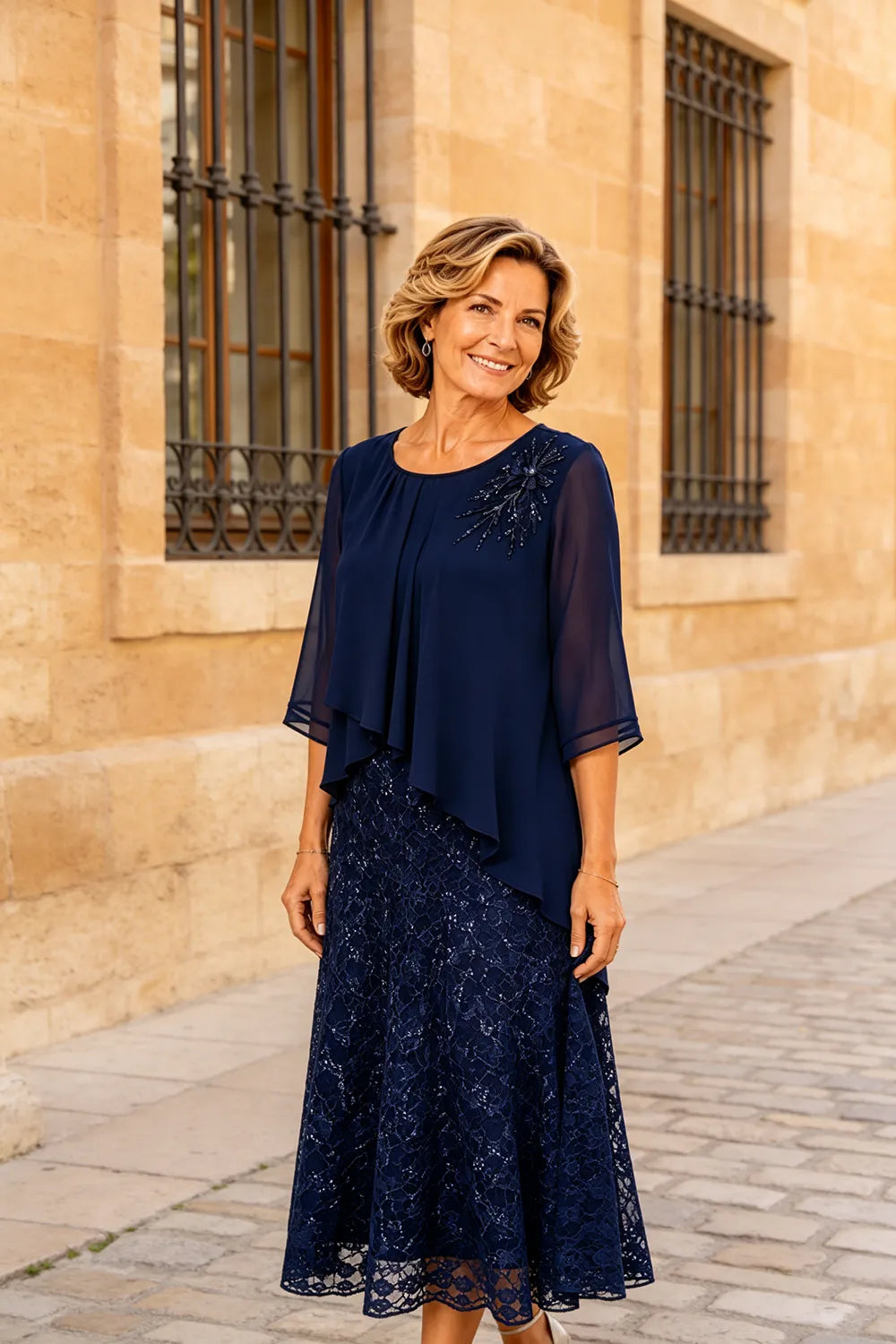 Celestine | Embellished Lace Layered Midi Dress